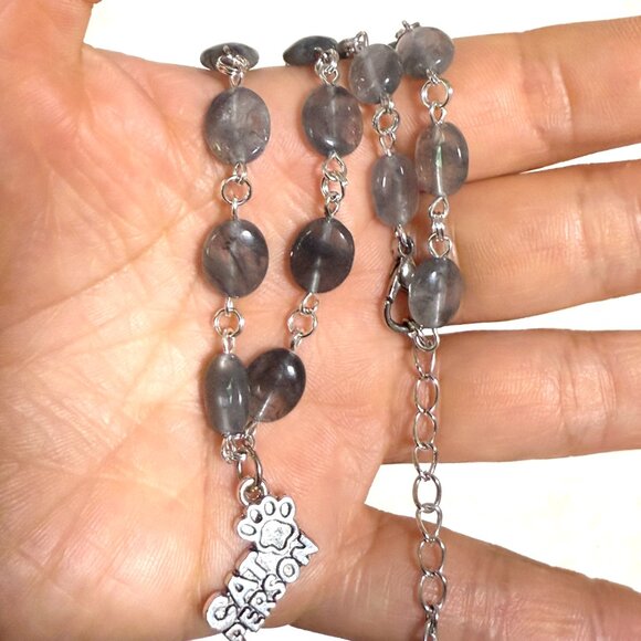 Genuine Grey Tourmalinated Quartz Short Necklace,Gemstone & Cat Person Paw Print - Picture 14 of 14